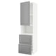 White kitchen cabinet with grey drawers and door, classic design with beveled edges.