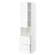 METOD kitchen unit with white foil and wood grain design, tall and rectangular with drawers and shelves.