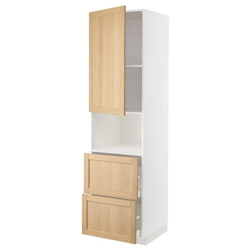 METOD kitchen cabinet with light oak drawers, tall white design