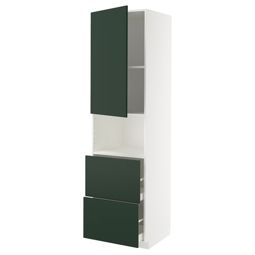 White and green kitchen cabinet with two drawers and one shelf.