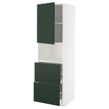 A METOD kitchen unit with dark green havstorp fronts, white frame, and three compartments: two drawers and one cabinet.