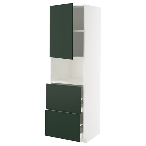 A METOD kitchen unit with dark green havstorp fronts, white frame, and three compartments: two drawers and one cabinet.