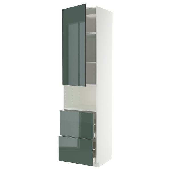 Modern tall kitchen cabinet with high-gloss grey-green doors and drawers, featuring a sleek design with multiple shelves.