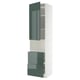 Modern tall kitchen cabinet with high-gloss grey-green doors and drawers, featuring a sleek design with multiple shelves.