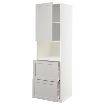 Ikeas METOD white kitchen cabinet with grey-traditional design, featuring drawers and shelves.