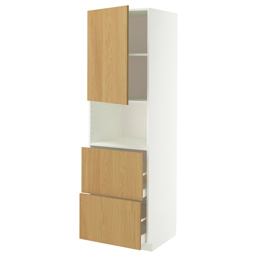 METOD / MAXIMERA Hi cab f micro w door/2 drawers, white/Sinarp oak veneer, 60x60x200 cm