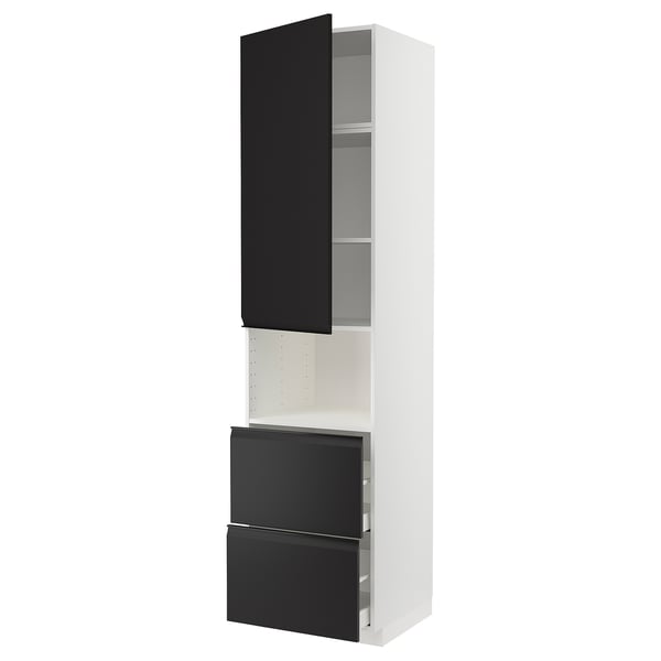 A modern, white METOD kitchen cabinet with black upplöv matte doors. It has a tall frame with two black drawers and a black cabinet door.