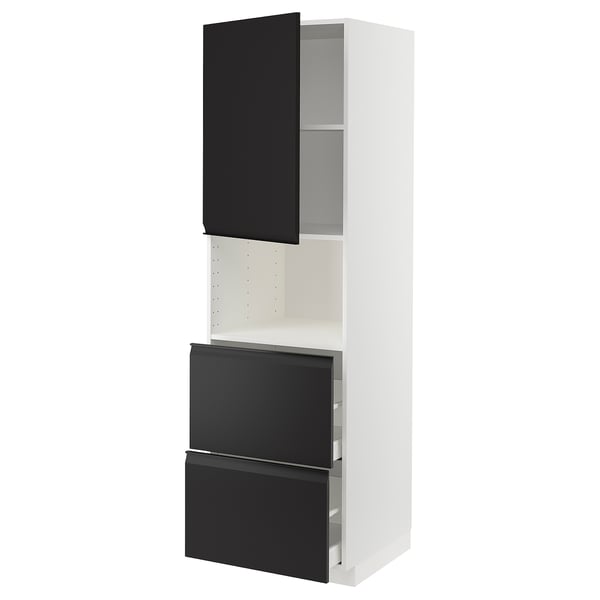 Displays a white METOD kitchen cabinet with black upplov fronts, featuring sleek handles and a drawer set, designed for a modern kitchen.