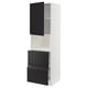 Displays a white METOD kitchen cabinet with black upplov fronts, featuring sleek handles and a drawer set, designed for a modern kitchen.