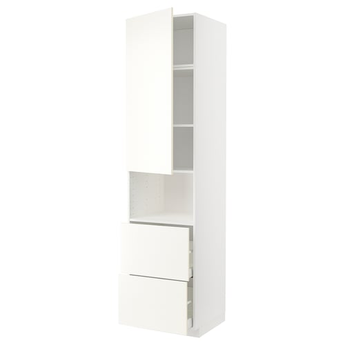White METOD kitchen cabinet, tall with shelves and drawers, sleek modern design, sturdy particleboard structure.