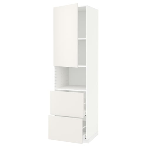 A white METOD kitchen unit with smooth, modern design. It clean lines and a combination of drawers and shelves.