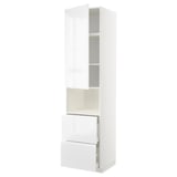 White high gloss kitchen cabinet with mixed doors and drawers.