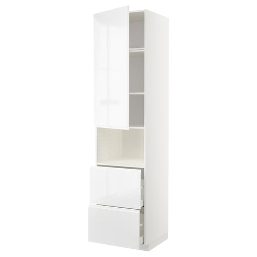 White high gloss kitchen cabinet with mixed doors and drawers.