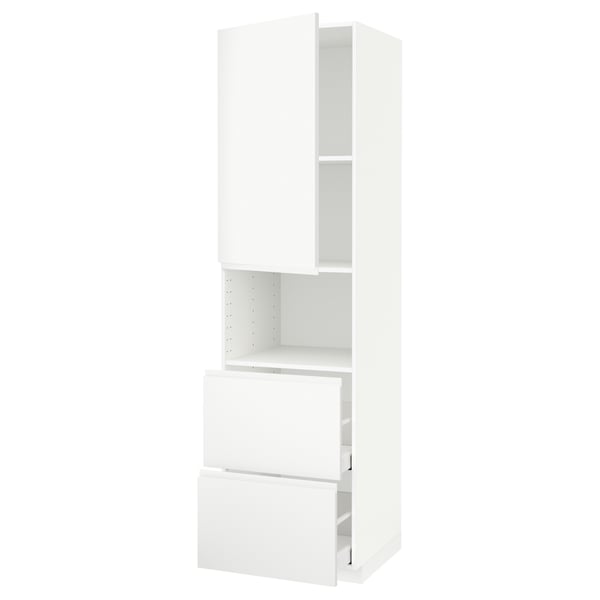 A white METOD kitchen cabinet with matte finish, featuring multiple storage compartments, including a drawer and an open shelf.
