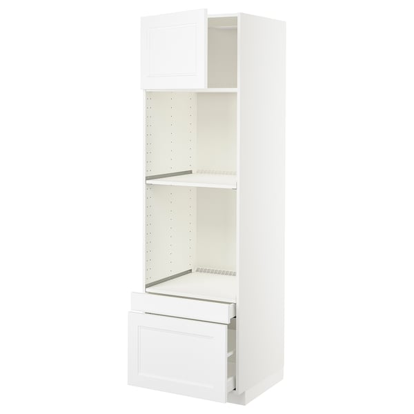 A white METOD kitchen cabinet set, featuring a tall unit with a drawer and adjustable shelves.