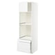A white METOD kitchen cabinet set, featuring a tall unit with a drawer and adjustable shelves.