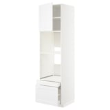 A white METOD kitchen cabinet. It both a door and a drawer, with an open shelf inside. Its sleek and modern in design.