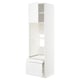 A white METOD kitchen cabinet. It both a door and a drawer, with an open shelf inside. Its sleek and modern in design.