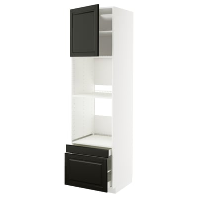 Black and white ikea METOD kitchen cabinet, tall, three sections, sleek design.
