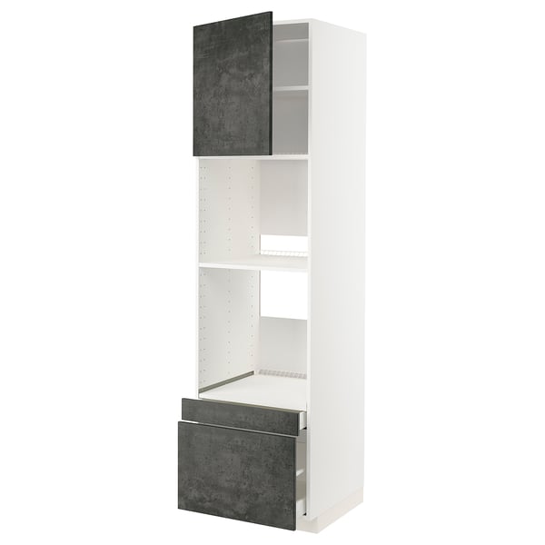 Modern white kitchen unit with dark grey drawers and shelves. Tall, slim, with open storage.