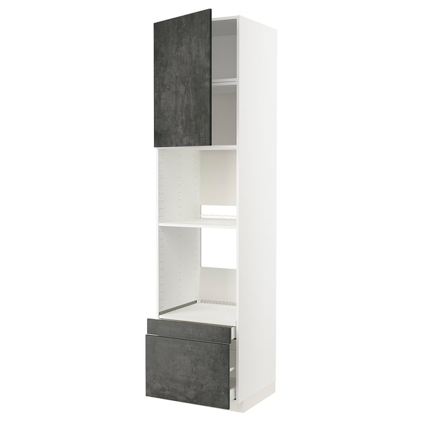 A METOD white kitchen cabinet with dark grey doors, shelves, and drawers.