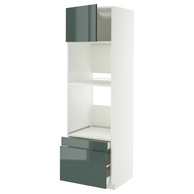 High gloss grey-green ikea METOD kitchen unit with shelves and drawer, modern design.