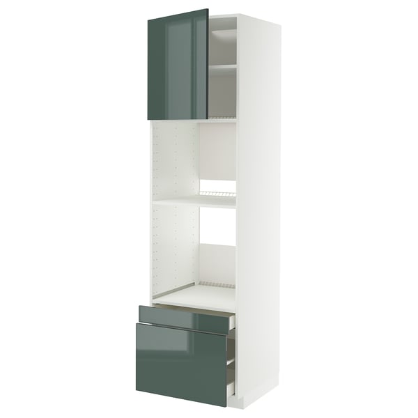 A METOD kitchen unit with high-gloss grey-green drawers and doors, featuring shelves and drawers for storage.