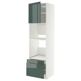 A METOD kitchen unit with high-gloss grey-green drawers and doors, featuring shelves and drawers for storage.