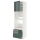 A METOD kitchen unit with high-gloss grey-green drawers and doors, featuring shelves and drawers for storage.