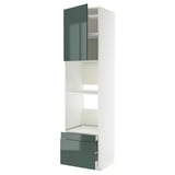 Modern kitchen cabinet: METOD with high-gloss grey-green kallarp fronts, white, tall, rectangular, adjustable shelf, soft-close drawers.