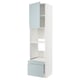 METOD kitchen storage. White with gray-blue glossy drawers and shelves. Tall, rectangular shape with smooth edges. Modern, clean design.