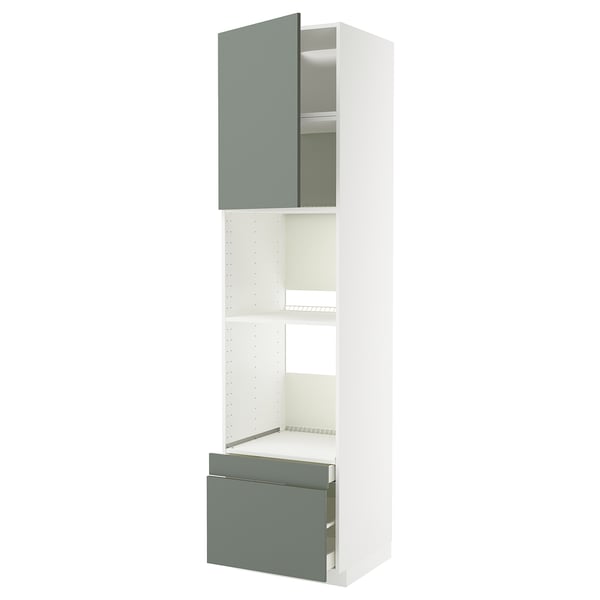 A METOD kitchen unit with a tall cabinet in white and grey-green doors. The unit has shelves and drawers for storage.