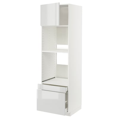 White METOD kitchen unit, high cabinet with drawer, glossy finish, modern design.