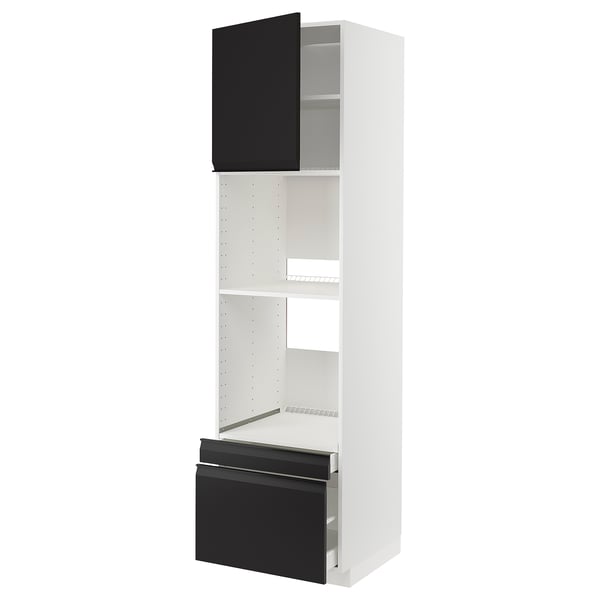 A tall white kitchen cabinet with black accents, featuring open shelves and drawers with sleek matte black handles.