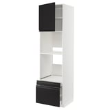 A tall white kitchen cabinet with black accents, featuring open shelves and drawers with sleek matte black handles.