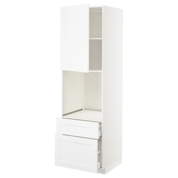 White METOD kitchen unit, tall with shelves and drawers, sleek modern design.