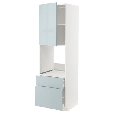 White METOD kitchen unit with high-gloss grey-blue doors; tall, rectangular, modern design.