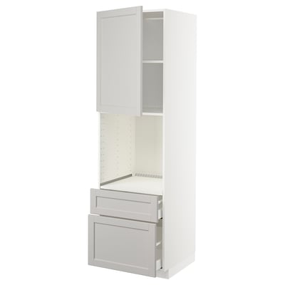 METOD tall white kitchen unit with open doors and drawers, light gray fronts.