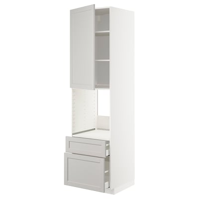 White METOD kitchen unit with light grey lerhytte front, bevelled edges, multiple shelves, and two drawers.