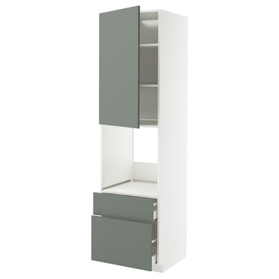 A modern, white kitchen cabinet with grey-green doors and a drawer. It a sleek, tall design with adjustable shelves and smooth-running drawers.