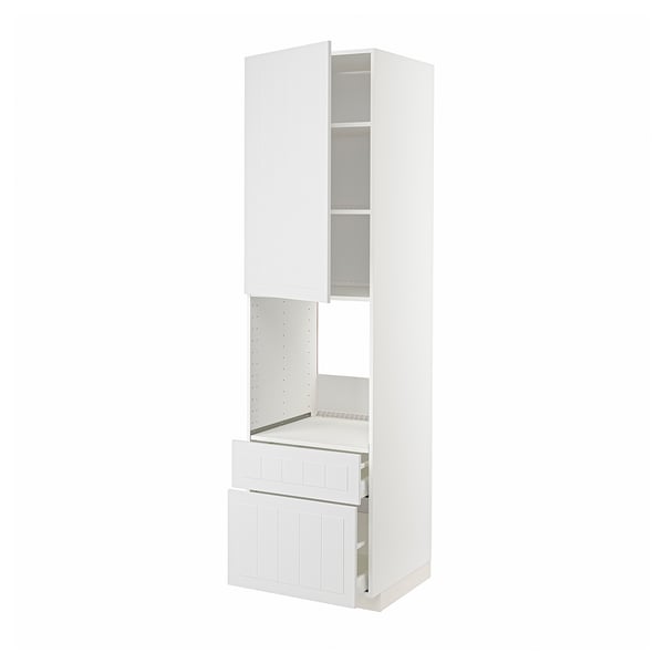 A white METOD kitchen cabinet with a clean, crafted look. It open doors and drawers revealing interior shelves and runners.