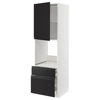 Modern black and white kitchen cabinet with drawers.