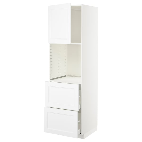 White METOD kitchen unit with open cabinet, adjustable shelf, and pull-out drawers.