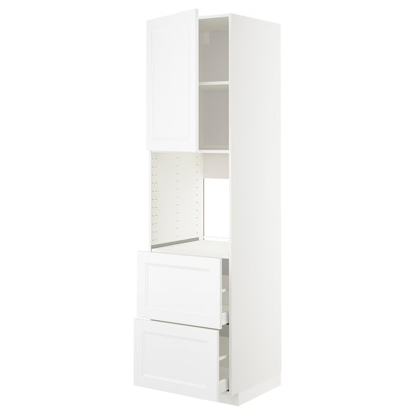 Depicts a white METOD kitchen cabinet with open doors, showcasing a modern design with drawers and shelves.