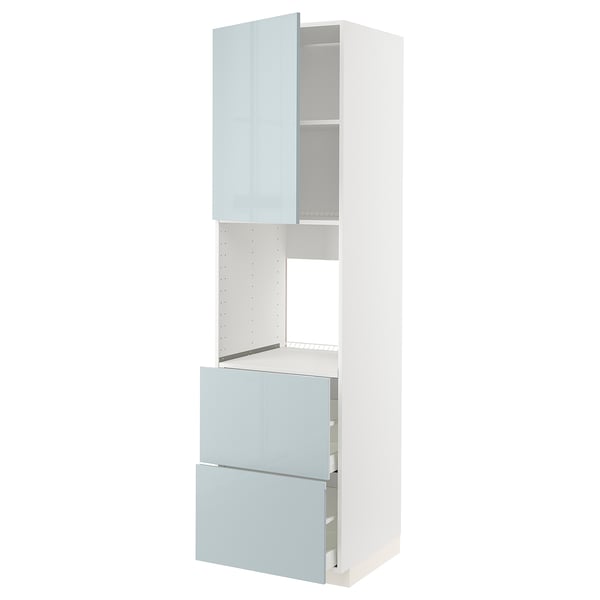 METOD high gloss grey-blue kitchen cabinet with drawers and shelves.