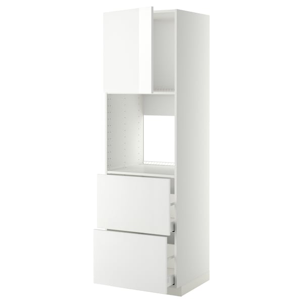 White METOD kitchen cabinet, glossy, rectangular, combines tall and base units with modern design.