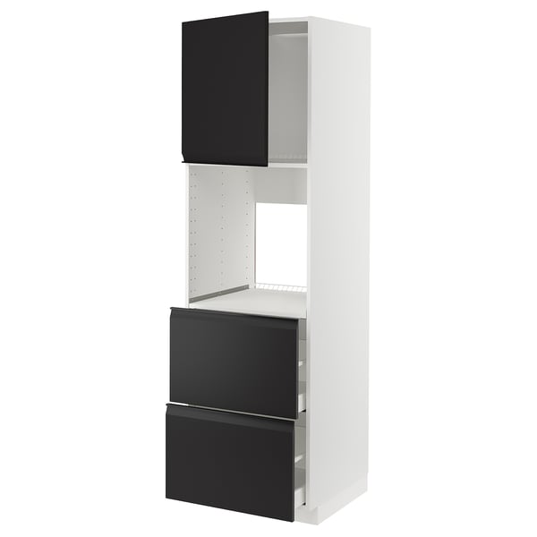 Modern black and white kitchen cabinet with drawers and shelves, slim profile, 3d design with integrated handles.