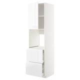 A white METOD kitchen cabinet unit with high gloss finish and integrated handles, featuring shelves and drawers.
