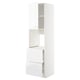 A white METOD kitchen cabinet unit with high gloss finish and integrated handles, featuring shelves and drawers.