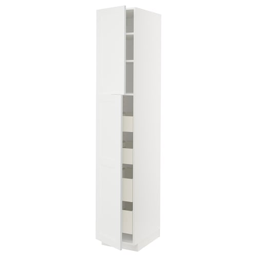 A white METOD kitchen cabinet with a sleek, modern design, featuring multiple adjustable shelves and a sturdy frame construction.